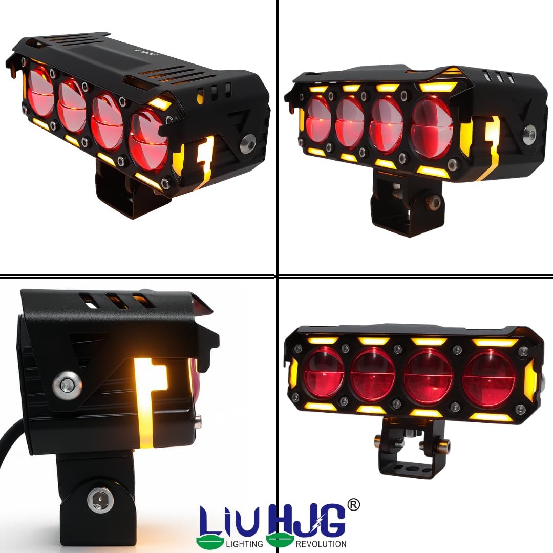 HJG New 300W Future Eyes Ring DRL 4 LED Projector Foglight with Wiring Harness Kit Red DRL/Amber Ring/White/Yellow Light 300W Foglight Ultra Wide Dual Intensity LED Driving Fog Lights Universal For All Cars & Bikes LIU HJG Ring 4 Lens Fog with Wiring Kit
