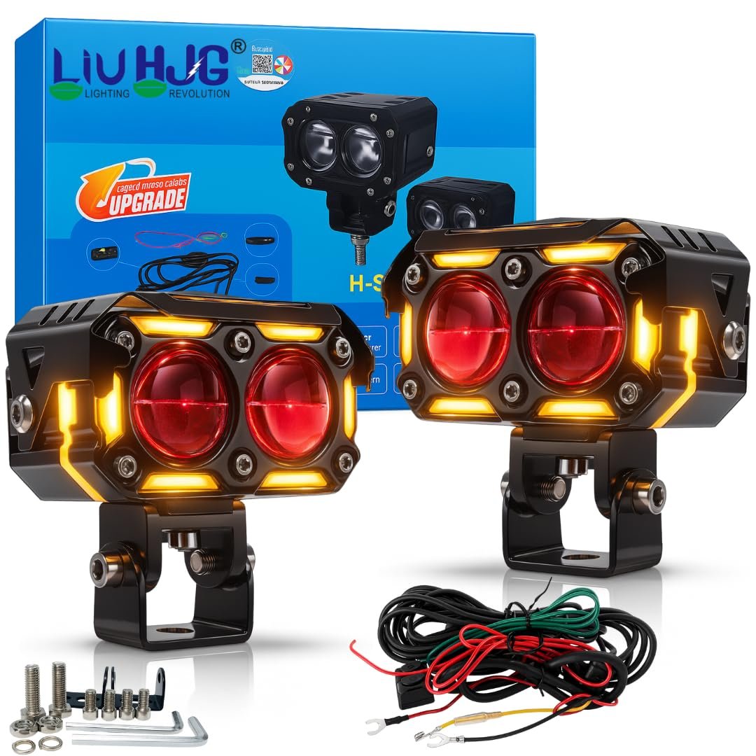 HJG New 120W Future Eyes Ring DRL 2 LED Projector Foglight with Wiring Harness Kit Red DRL/Amber Ring/White/Yellow Light 120W Foglight Ultra Wide Dual Intensity LED Driving Fog Lights Universal For All Cars & Bikes LIU HJG Ring 2 Lens Fog with Wiring Kit